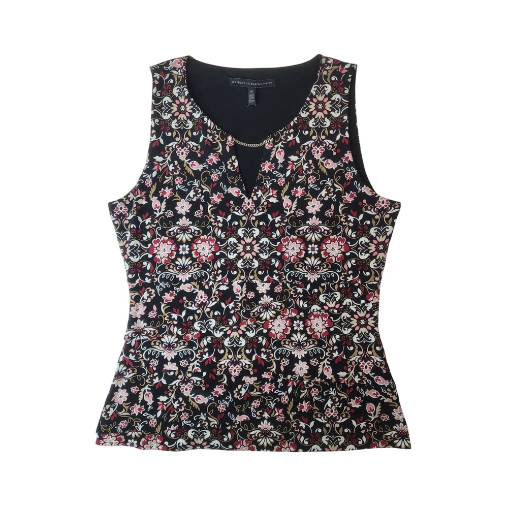 WHBM Sleeveless Top‎ M Black Burgundy Dark Floral Feminine Cottagecore Boho Chic